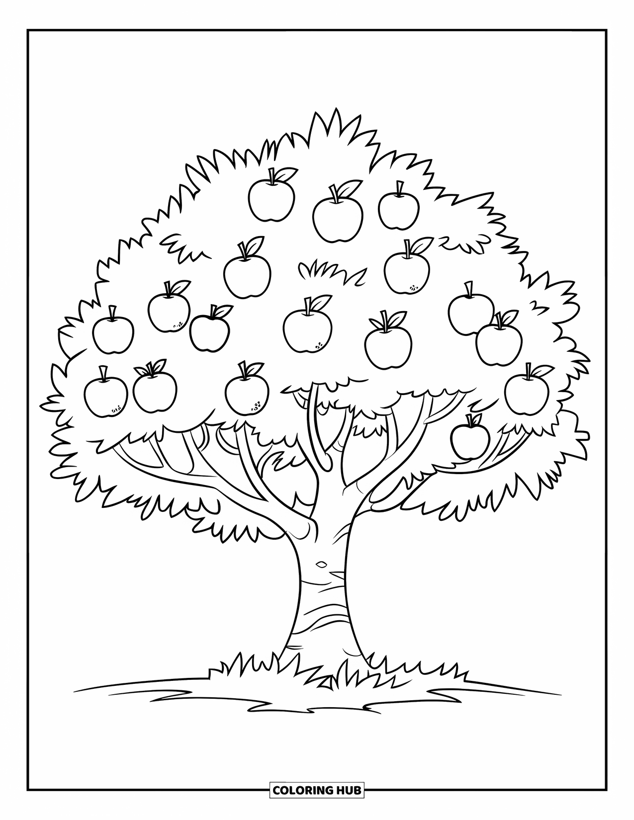 Apple Tree Coloring Page for Kids: A single apple tree stands tall with round apples on grassy land