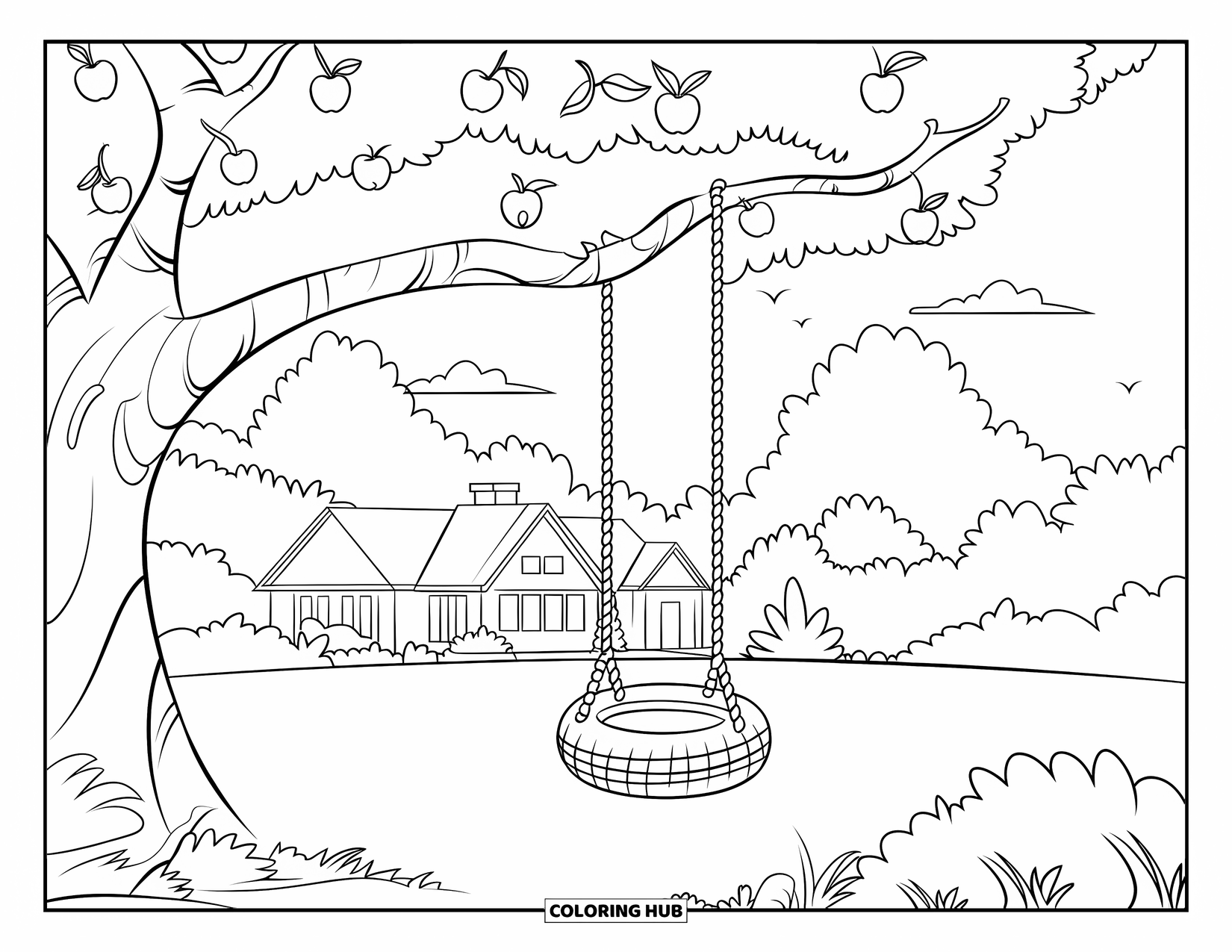 Apple Tree Coloring Page for Kids: A tire swing hangs from a tree near a house and grassy yard