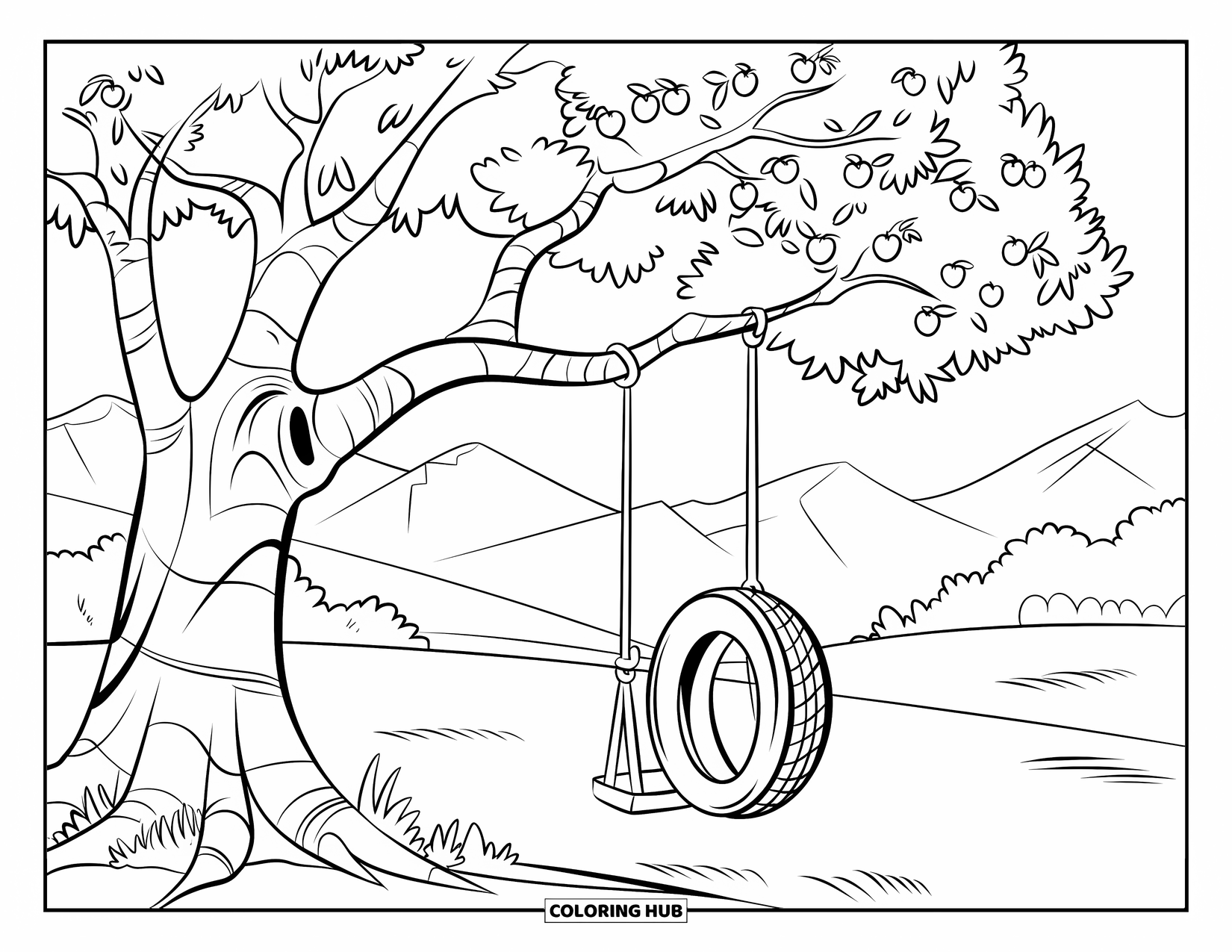 Apple Tree Coloring Page for Kids: A tire swing sways from a tree in a field near distant mountains