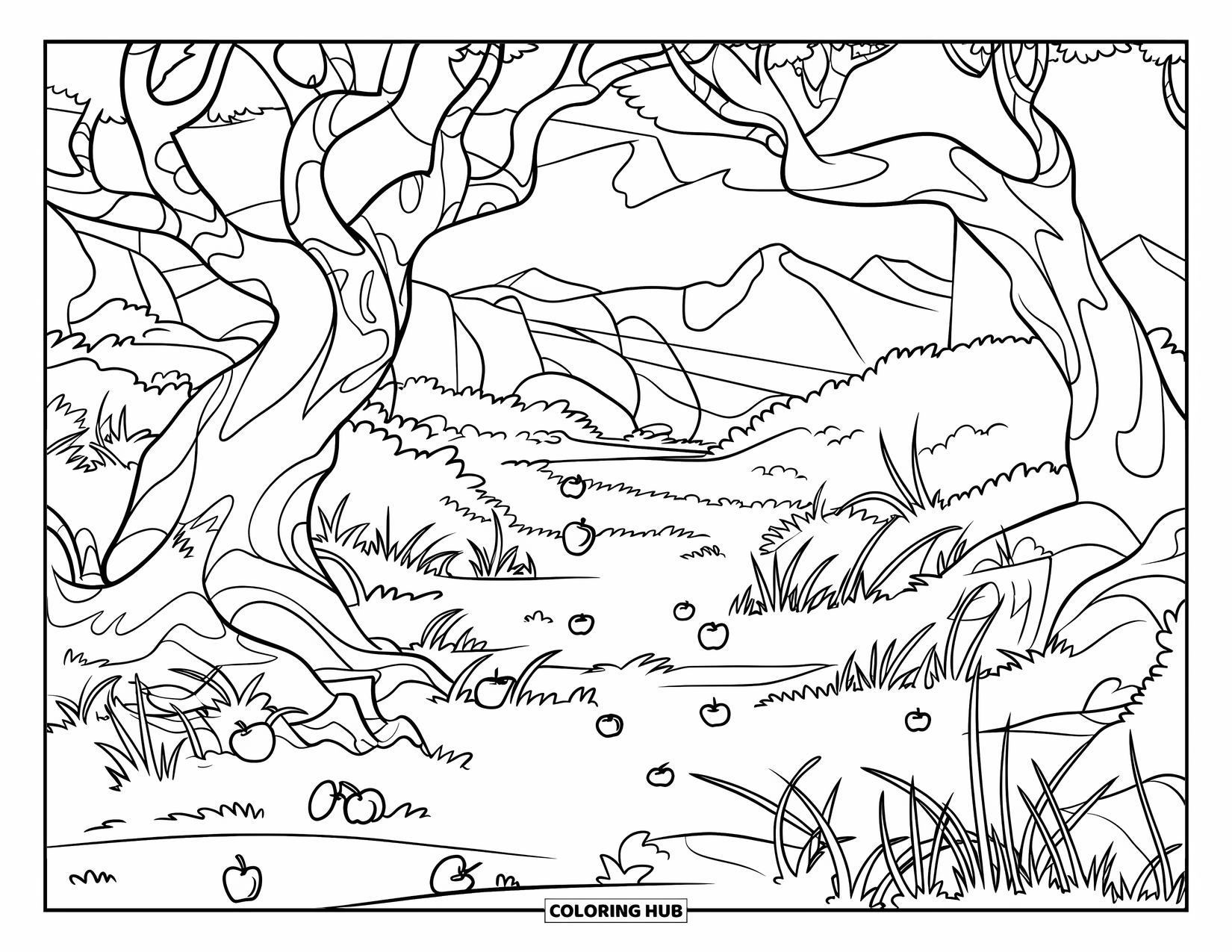 Apple Tree Coloring Page for Kids: An old orchard with twisted apple trees and fallen fruit along a grassy path