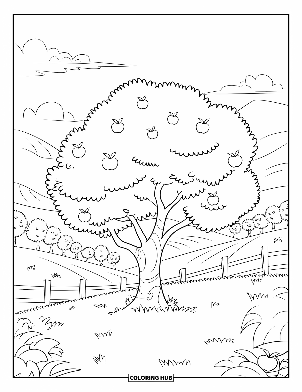 Apple Tree Coloring Page for Kids: An orchard tree stands by a fence with hills and apple trees nearby