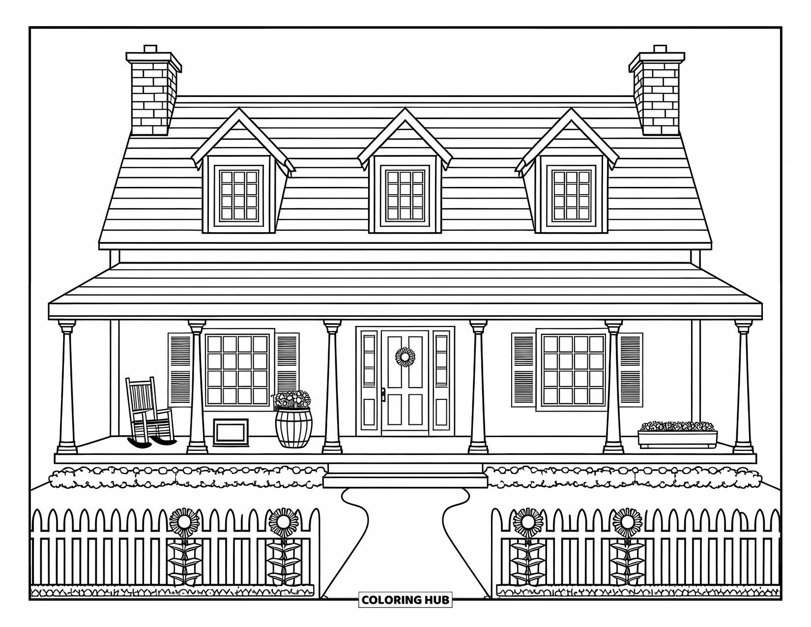 Architecture Coloring Page for Adults: A charming farmhouse with a rocking chair, picket fence, and golden afternoon glow