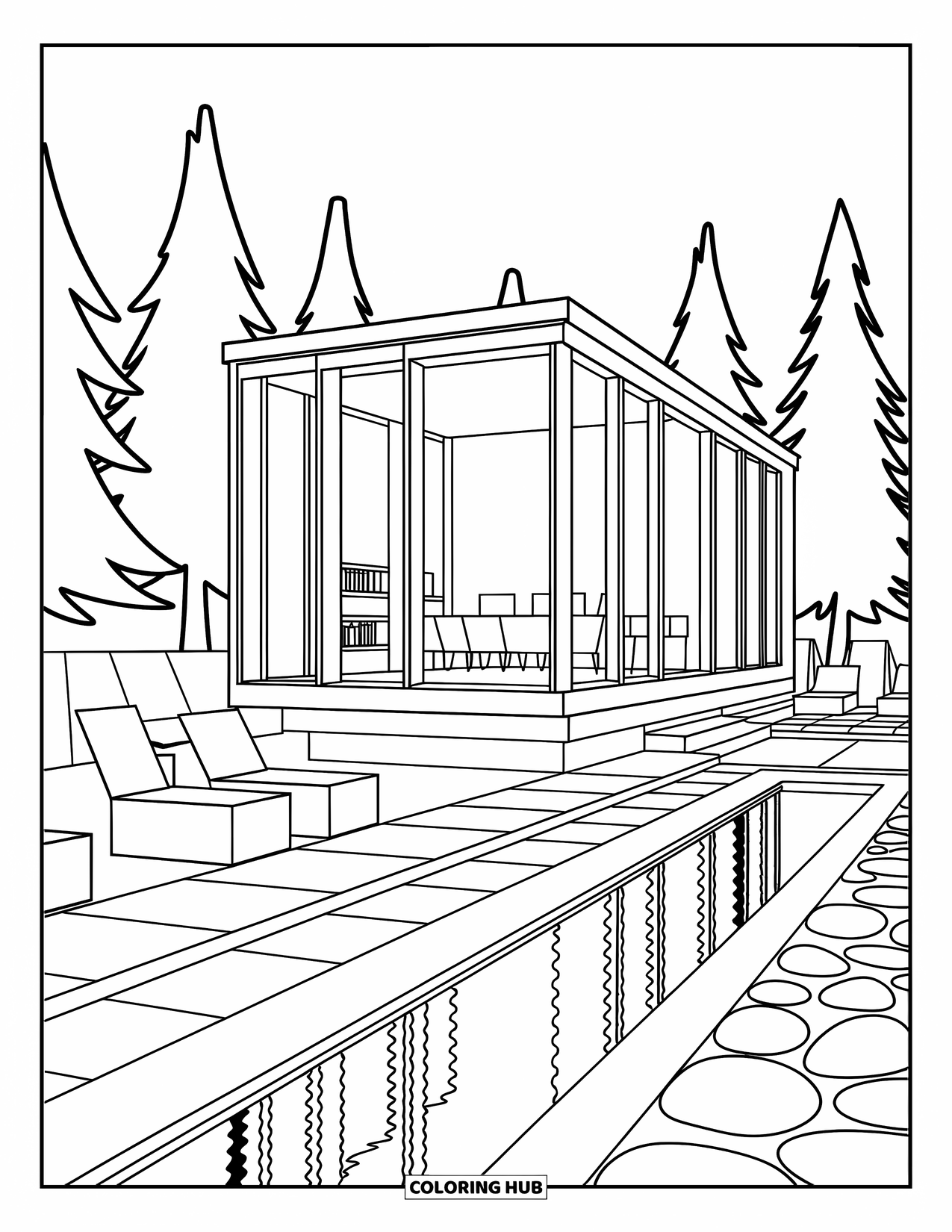 Architecture Coloring Page for Adults: A cozy modern home with clean lines and a reflecting pool amid pine trees