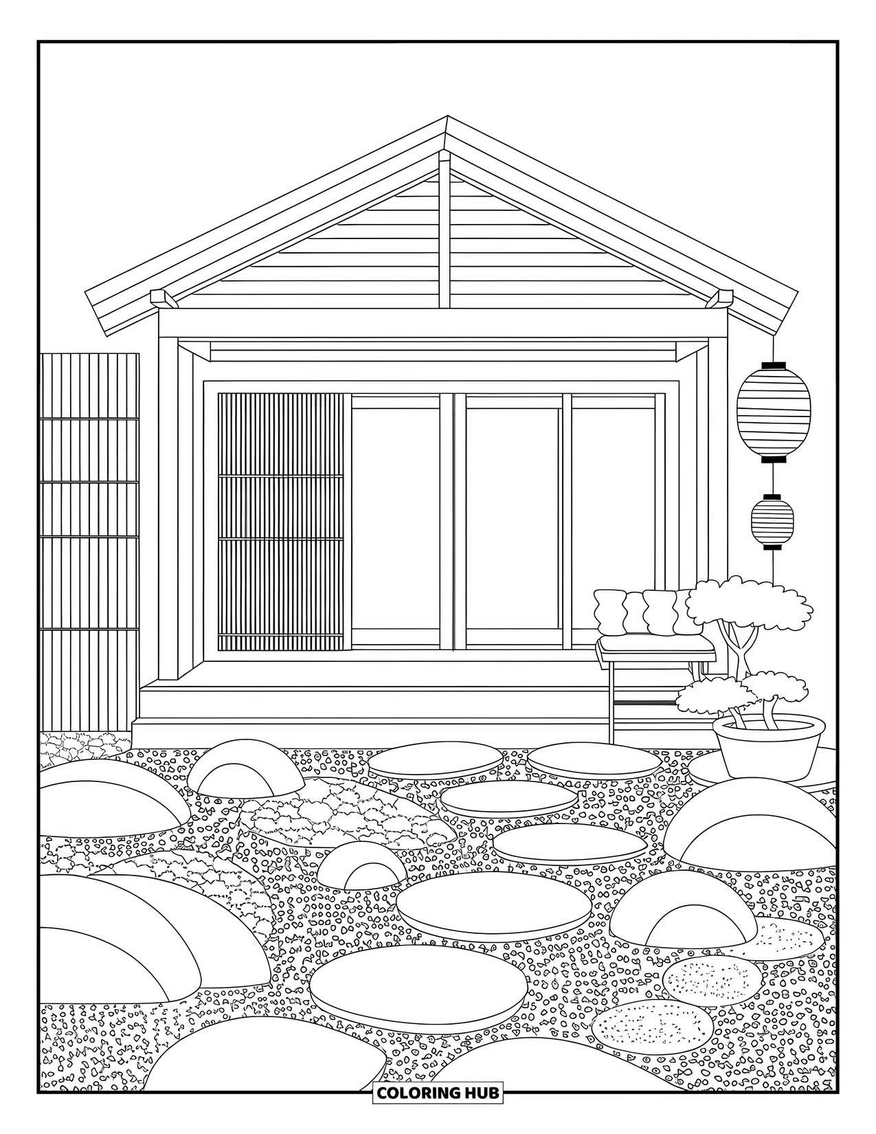 Architecture Coloring Page for Adults: A serene Japanese-Scandinavian cottage with lanterns and a bonsai garden