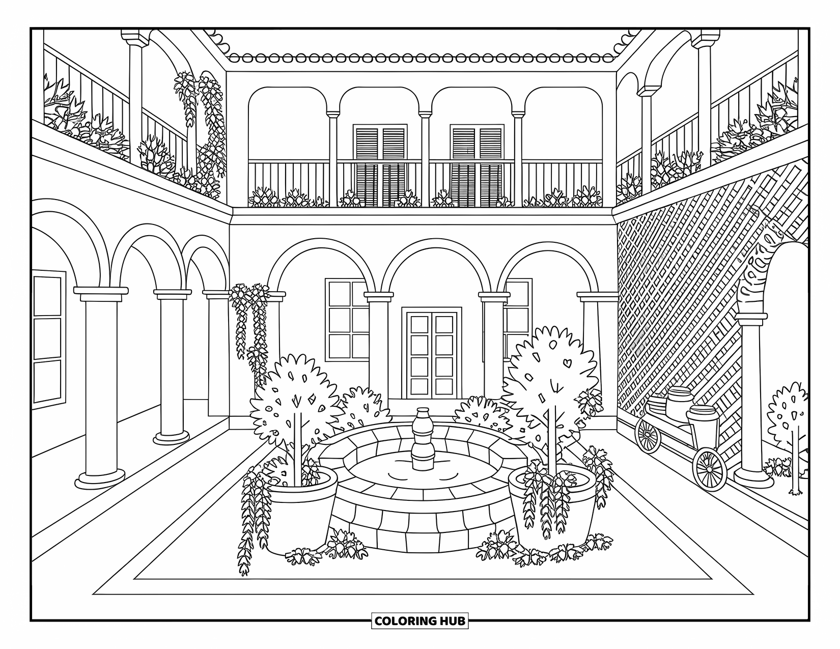 Architecture Coloring Page for Adults: A warm Mediterranean villa with cascading vines and a fountain at its heart