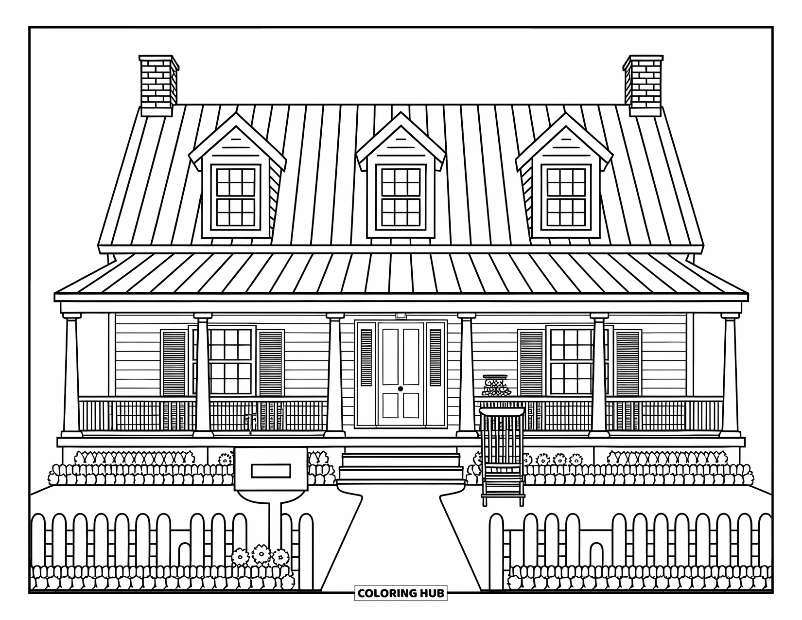 Architecture Coloring Page for Adults: A welcoming Colonial farmhouse with a wrap-around porch and blooming sunflowers