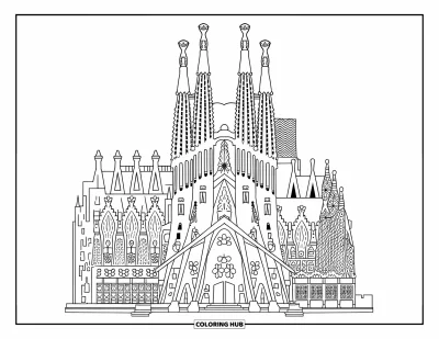 Építészeti kifestő felnőtteknek: Barcelona Sagrada Famíliája magasodik részletes faragásokkal és elegáns tornyokkal