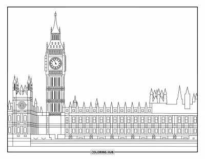 Építészeti kifestő felnőtteknek: A Big Ben és a Westminster-palota csendes folyó mellett emelkedik kék ég alatt