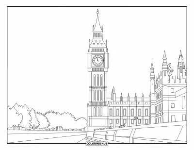 Építészeti kifestő felnőtteknek: A Big Ben és a Westminster-palota fák között magasan emelkedik a folyóparton
