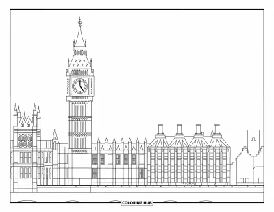 Építészeti kifestő felnőtteknek: A Big Ben óratornya és gótikus tornyai a londoni folyópart felett őrködnek