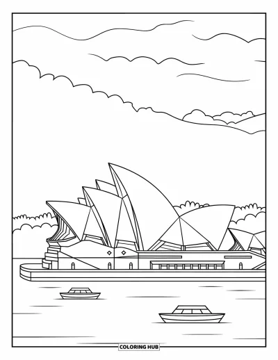 Építészeti kifestő felnőtteknek: Csónakok sodródnak a Sydney Opera House közelében felhős, nyugodt ég alatt