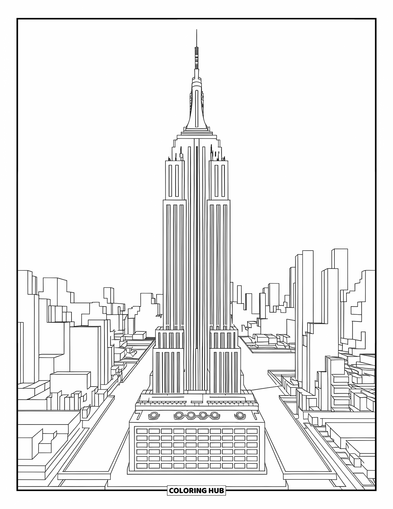 Architecture Coloring Page for Adults: New York's Empire State Building stands tall above streets and buildings