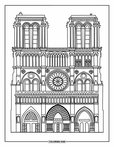 Építészeti kifestő felnőtteknek: A Notre-Dame részletes ívei, oszlopai és szobrai időtlen homlokzatot alkotnak