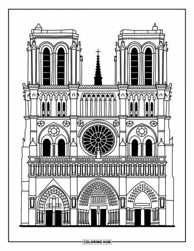 Építészeti kifestő felnőtteknek: A Notre-Dame ikertoronyzata és aprólékos faragásai elegáns építészetét emelik ki