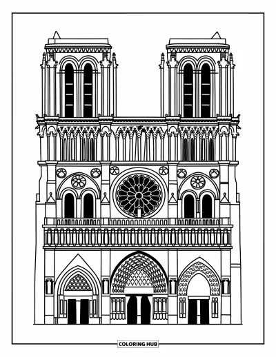 Építészeti kifestő felnőtteknek: A Notre-Dame ikertoronyzata és rózsaablaka lenyűgöző gótikus szépségét mutatja