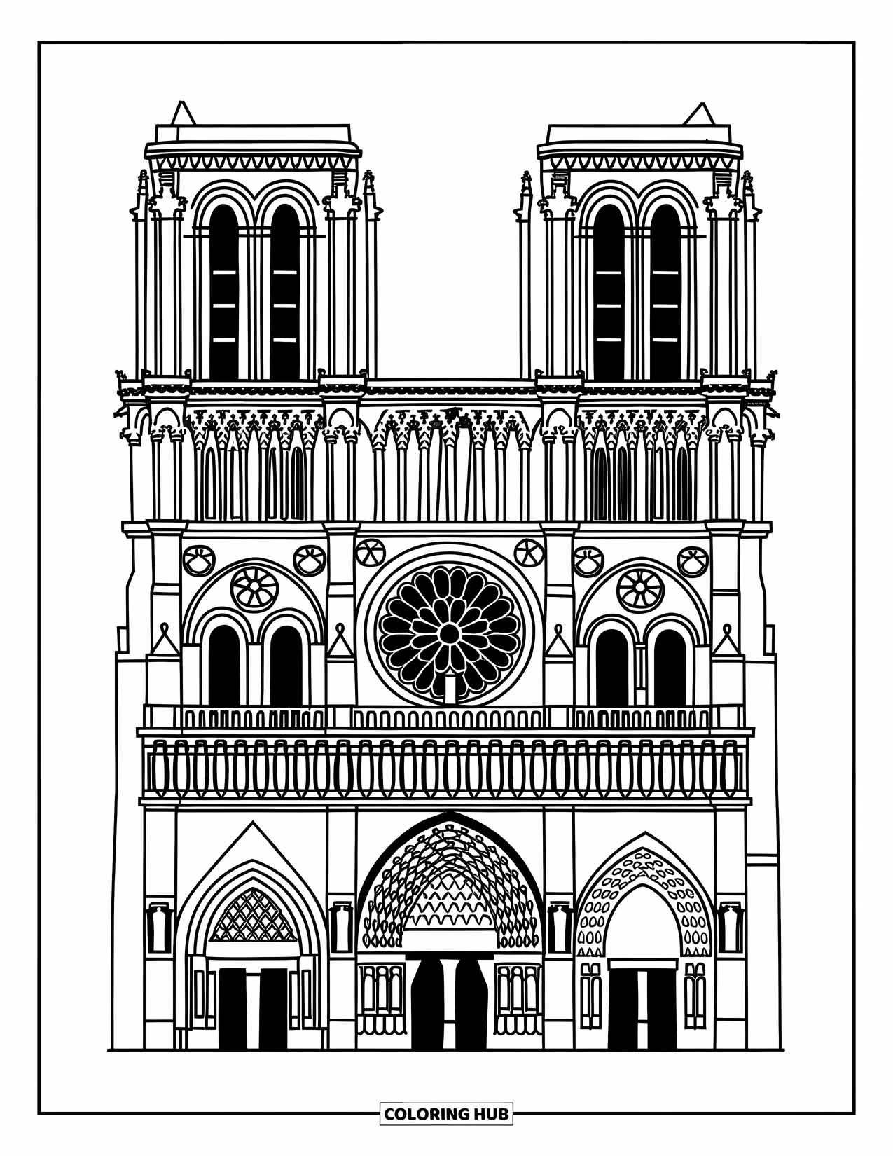 Architecture Coloring Page for Adults: Notre-Dame's twin towers and rose window showcase its stunning gothic beauty