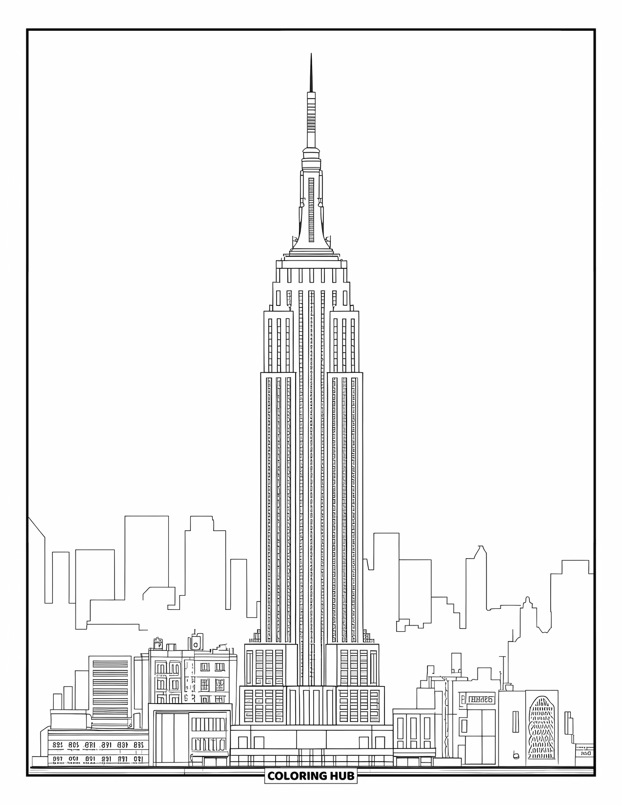 Architecture Coloring Page for Adults: The Empire State Building dominates the skyline with its classic art deco design