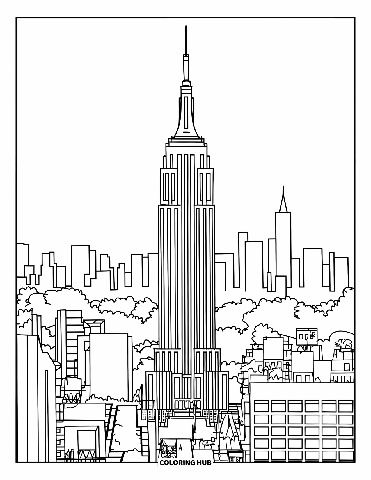 Architecture Coloring Page for Adults: The Empire State Building rises proudly among New York City skyscrapers
