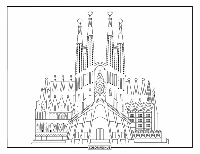 Építészeti kifestő felnőtteknek: A Sagrada Família gótikus és art nouveau tornyai a város fölé magasodnak