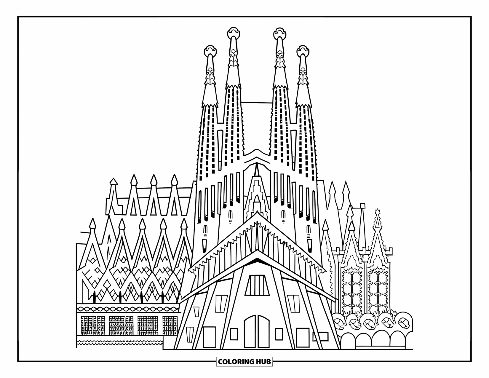 Architecture Coloring Page for Adults: The Sagrada Familia's towers and carvings form a breathtaking Barcelona landmark