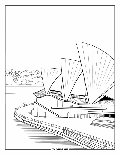 Építészeti kifestő felnőtteknek: A Sydney Opera House kagyló alakú tetőivel ragyog a víz mellett
