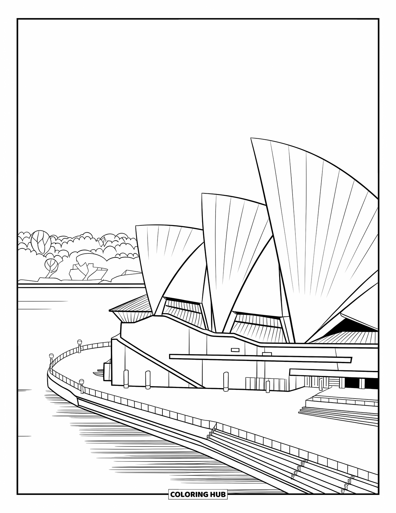 Architecture Coloring Page for Adults: The Sydney Opera House shines with its shell-like roofs beside the water