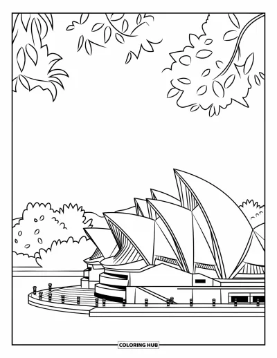 Építészeti kifestő felnőtteknek: A Sydney Opera House a vízparton áll fákkal körülvéve