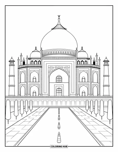 Építészeti kifestő felnőtteknek: A Taj Mahal gyönyörűen tükröződik hosszú, csendes medencéjében és nyugodt kertjében