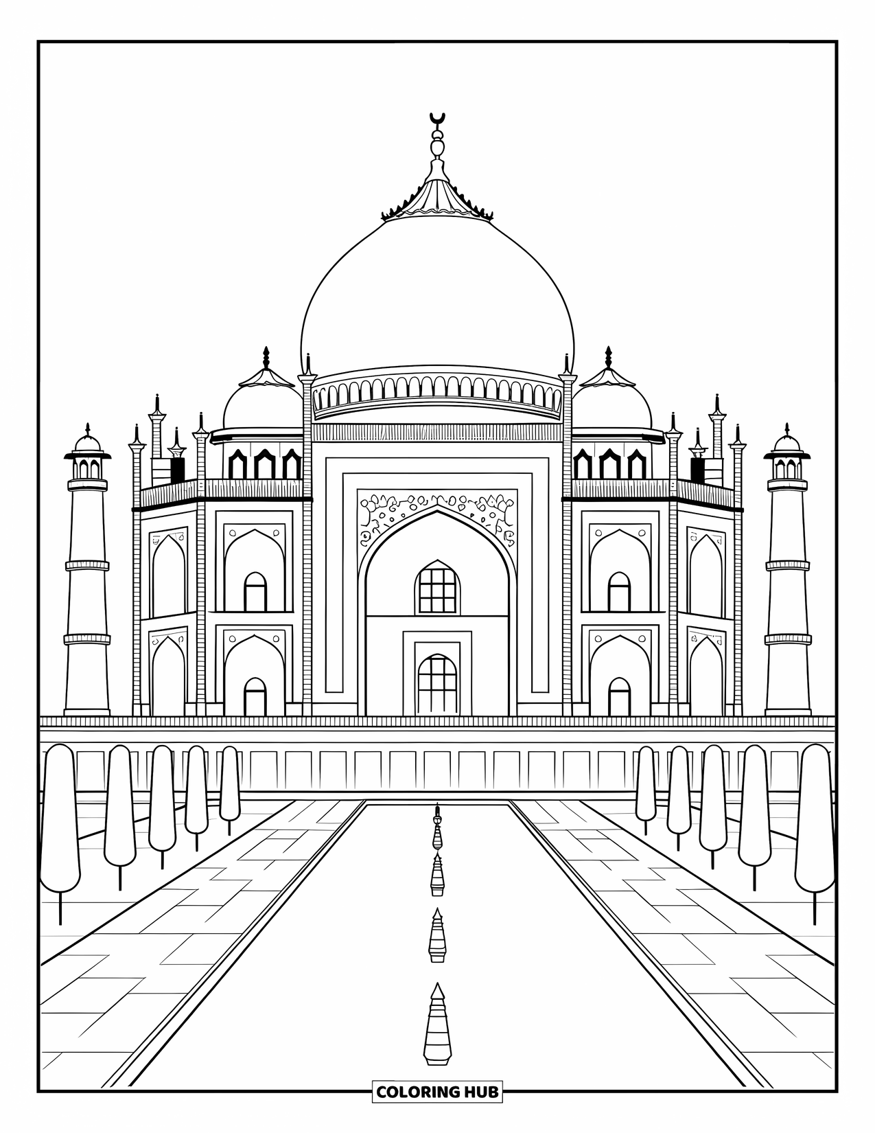 Architecture Coloring Page for Adults: The Taj Mahal reflects beautifully in its long, calm pool and serene garden