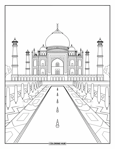 Építészeti kifestő felnőtteknek: A Taj Mahal fák és épületek közt áll elegáns kupolákkal és minaretekkel