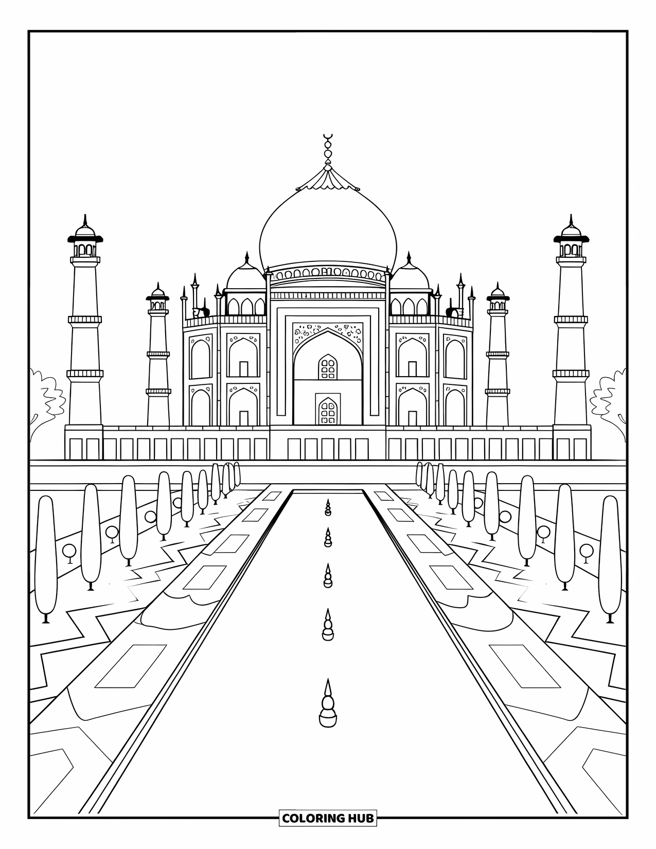 Architecture Coloring Page for Adults: The Taj Mahal stands among trees and buildings with graceful domes and minarets