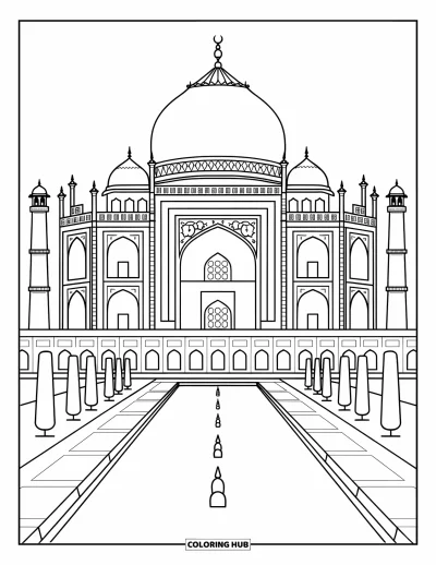 Építészeti kifestő felnőtteknek: A Taj Mahal kupolái és minaretjei csillognak díszes tükörmedencéje felett