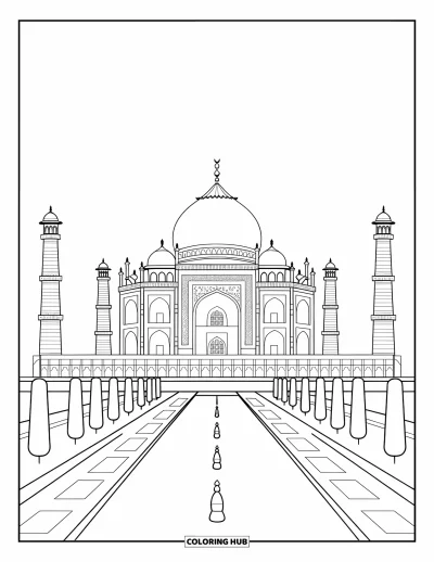 Építészeti kifestő felnőtteknek: A Taj Mahal nagy kupolája és minaretjei ragyognak a békés víz felett