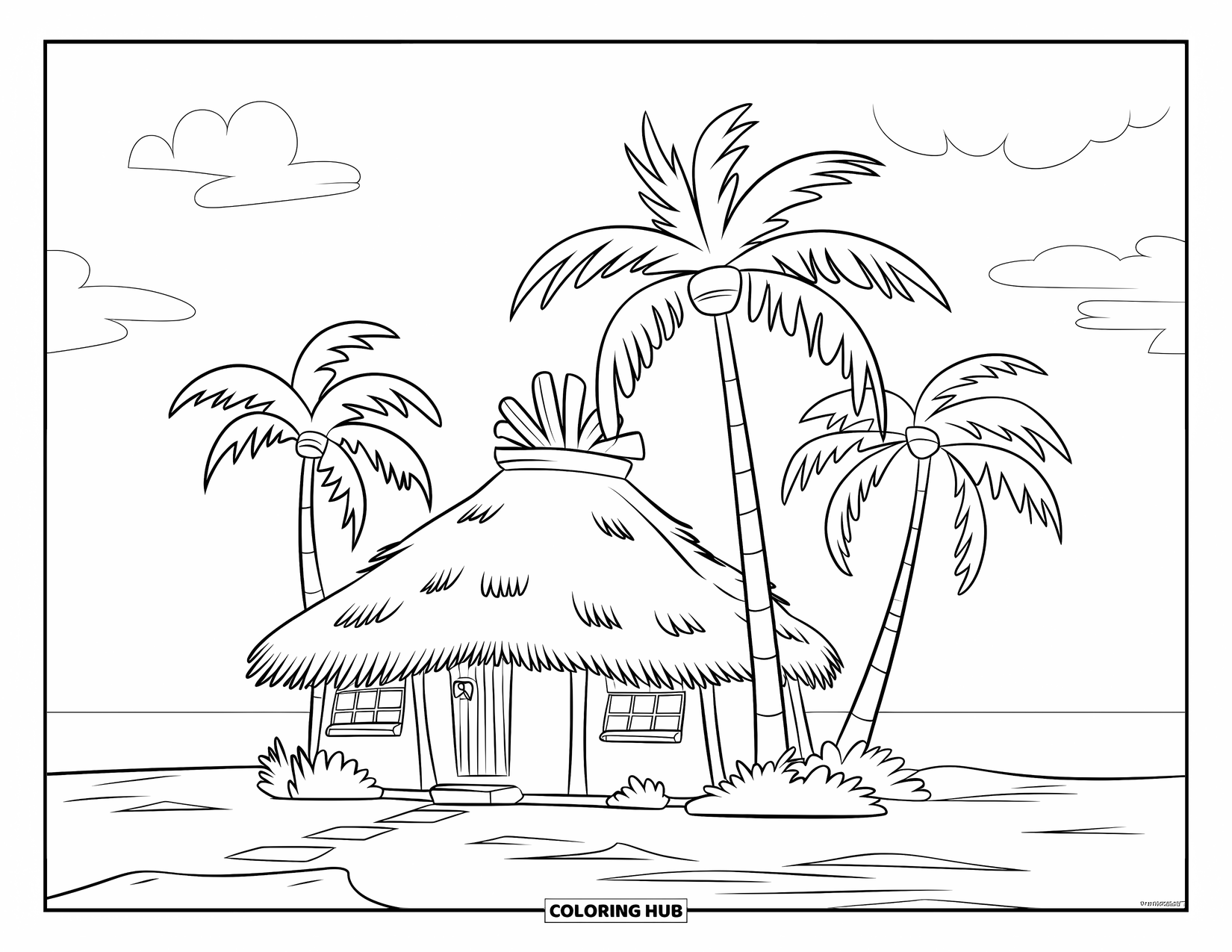 Architecture Coloring Page for Kids: A beach hut with palm trees and soft sand under clear skies