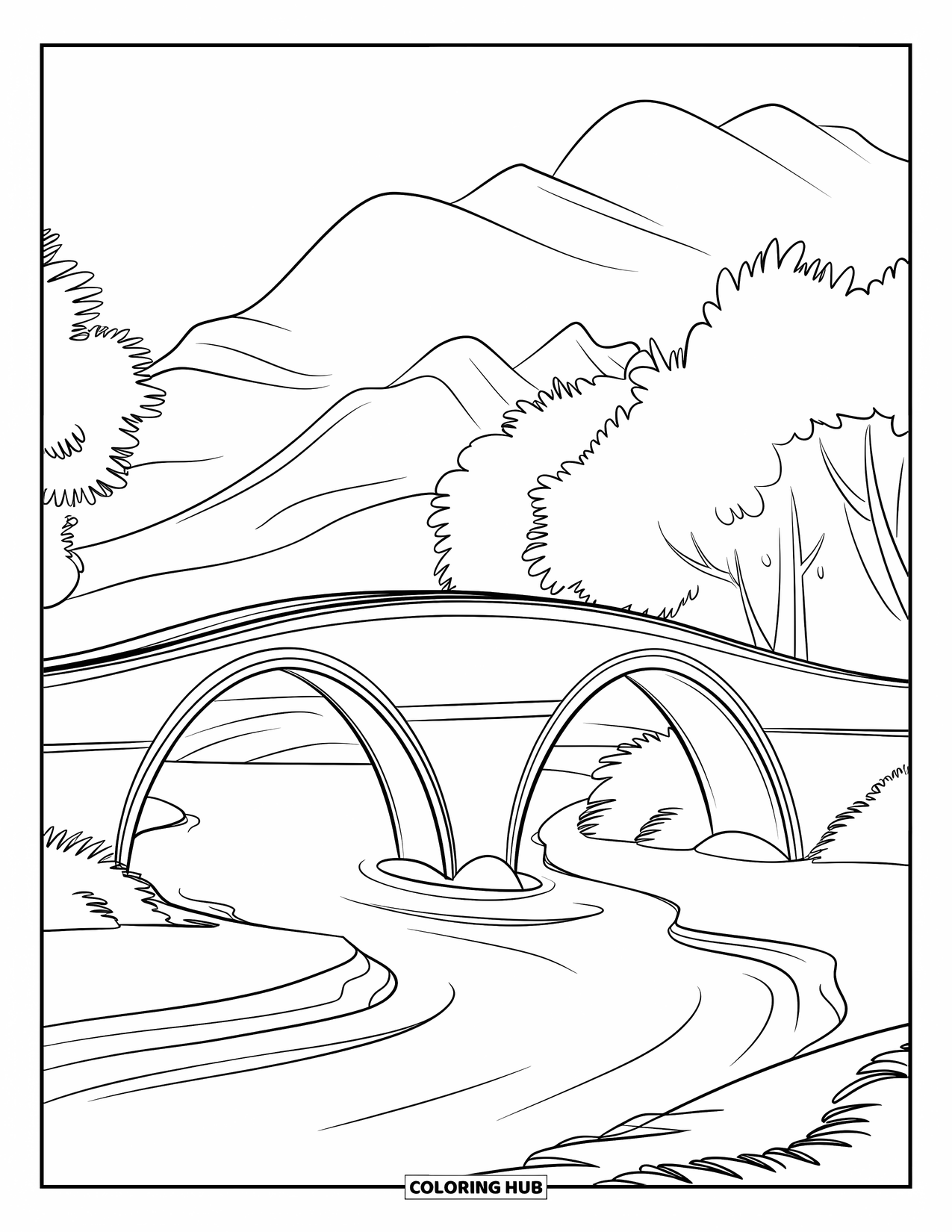 Architecture Coloring Page for Kids: A bridge with two arches reflects beautifully in the gentle river