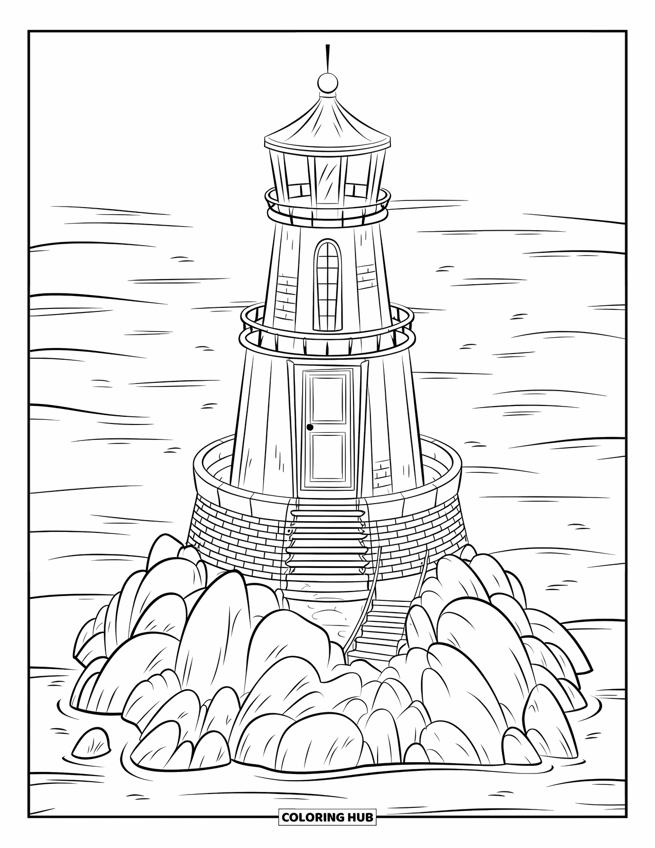 Architecture Coloring Page for Kids: A circular lighthouse with stairs and windows towers over gentle seas