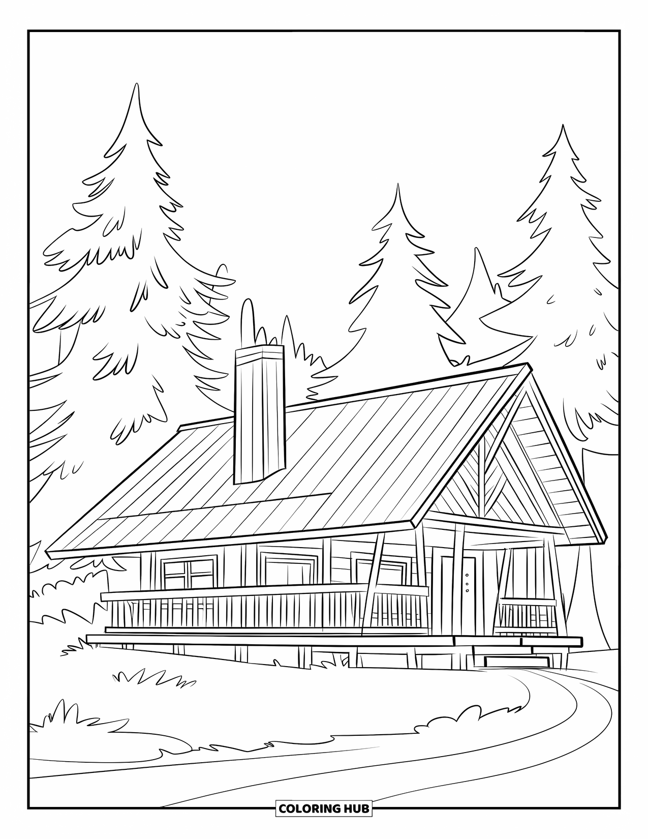 Architecture Coloring Page for Kids: A cozy cabin with a chimney sits among tall pine trees