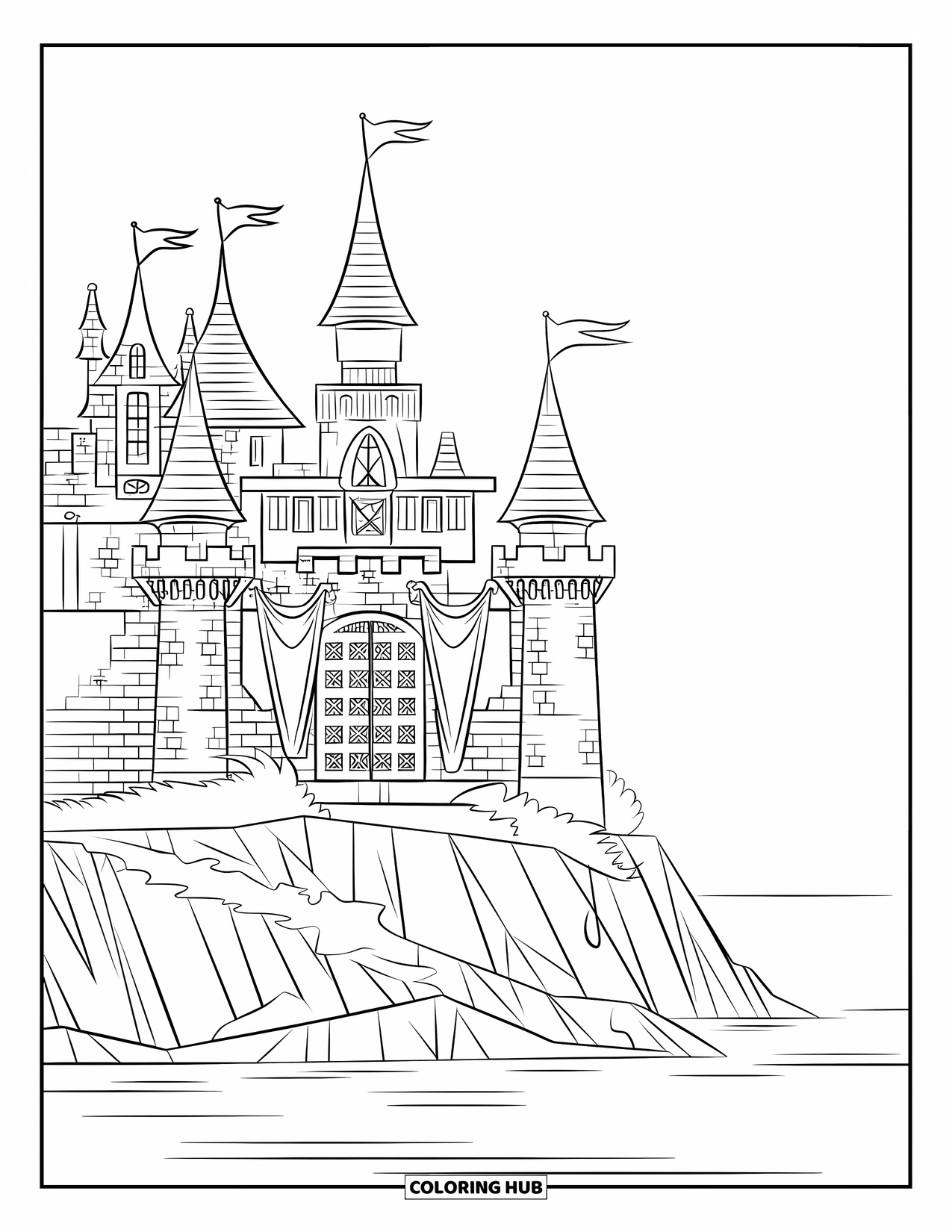 Architecture Coloring Page for Kids: A fairytale castle stands on a cliff with banners fluttering in the breeze