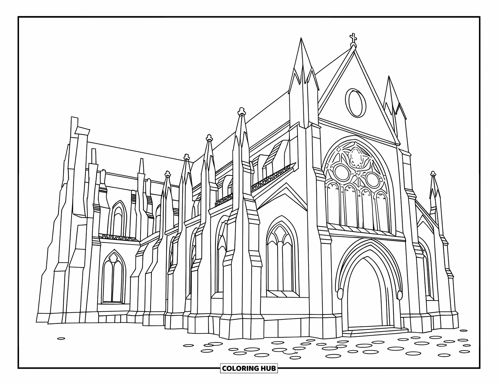 Architecture Coloring Page for Kids: A gothic cathedral with stone arches and a pointed roof under clear skies