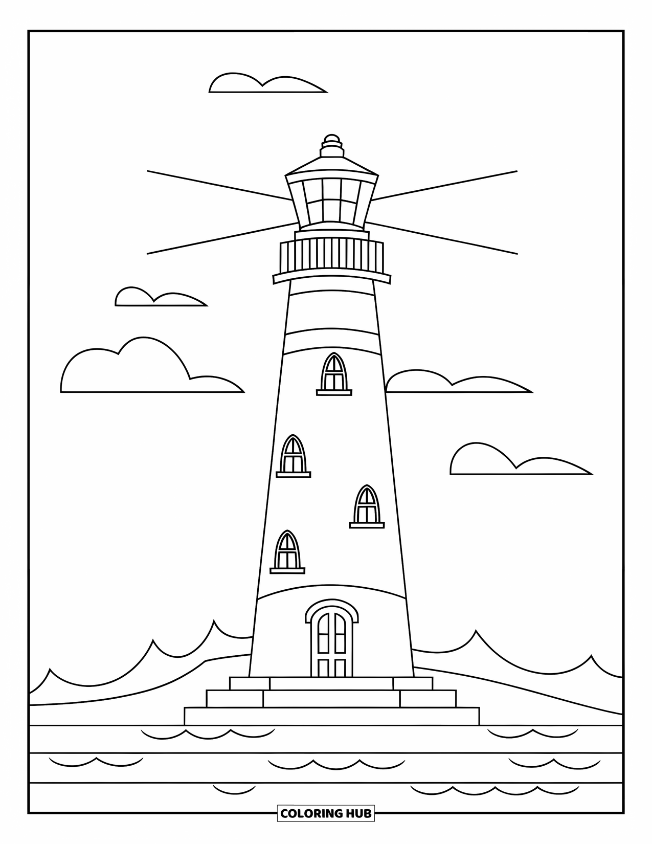 Architecture Coloring Page for Kids: A lighthouse with a spiral top rises over calm sea waves
