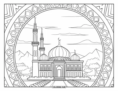 Építészeti kifestő gyerekeknek: Egy mecset magas minaretekkel és kupolákkal virágos mandala keretben