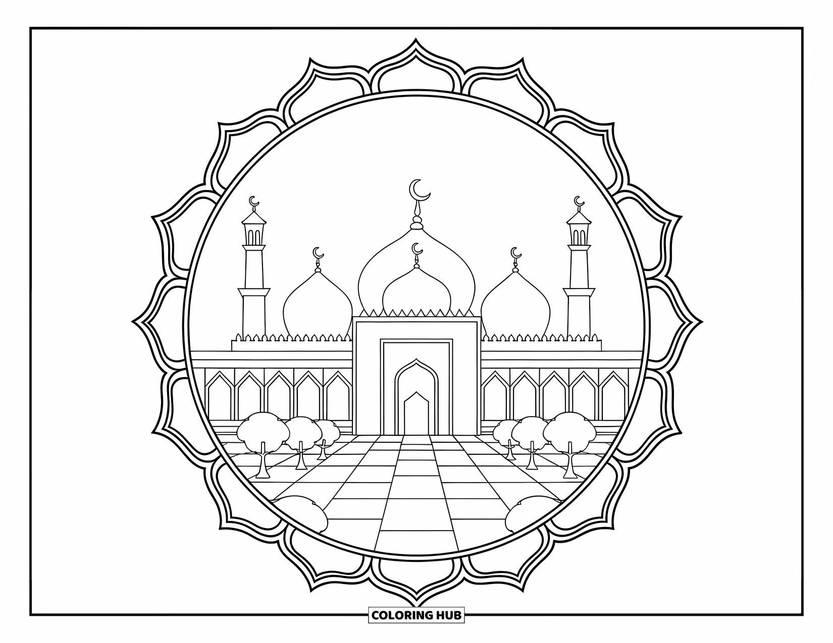 Architecture Coloring Page for Kids: A peaceful mosque stands in a mandala frame with trees and pathways