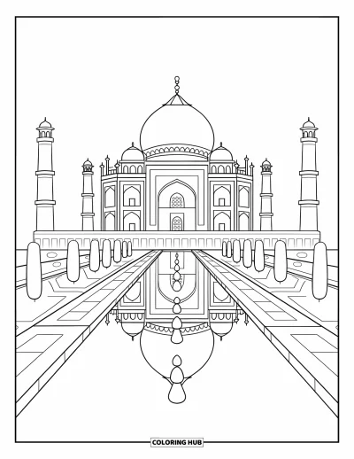Építészeti kifestő gyerekeknek: A Taj Mahal békés látványa tükröződik tökéletesen a medencéjében
