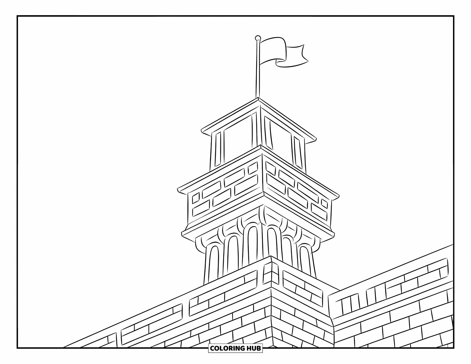 Architecture Coloring Page for Kids: A playful watchtower with stacked floors and a flag on top