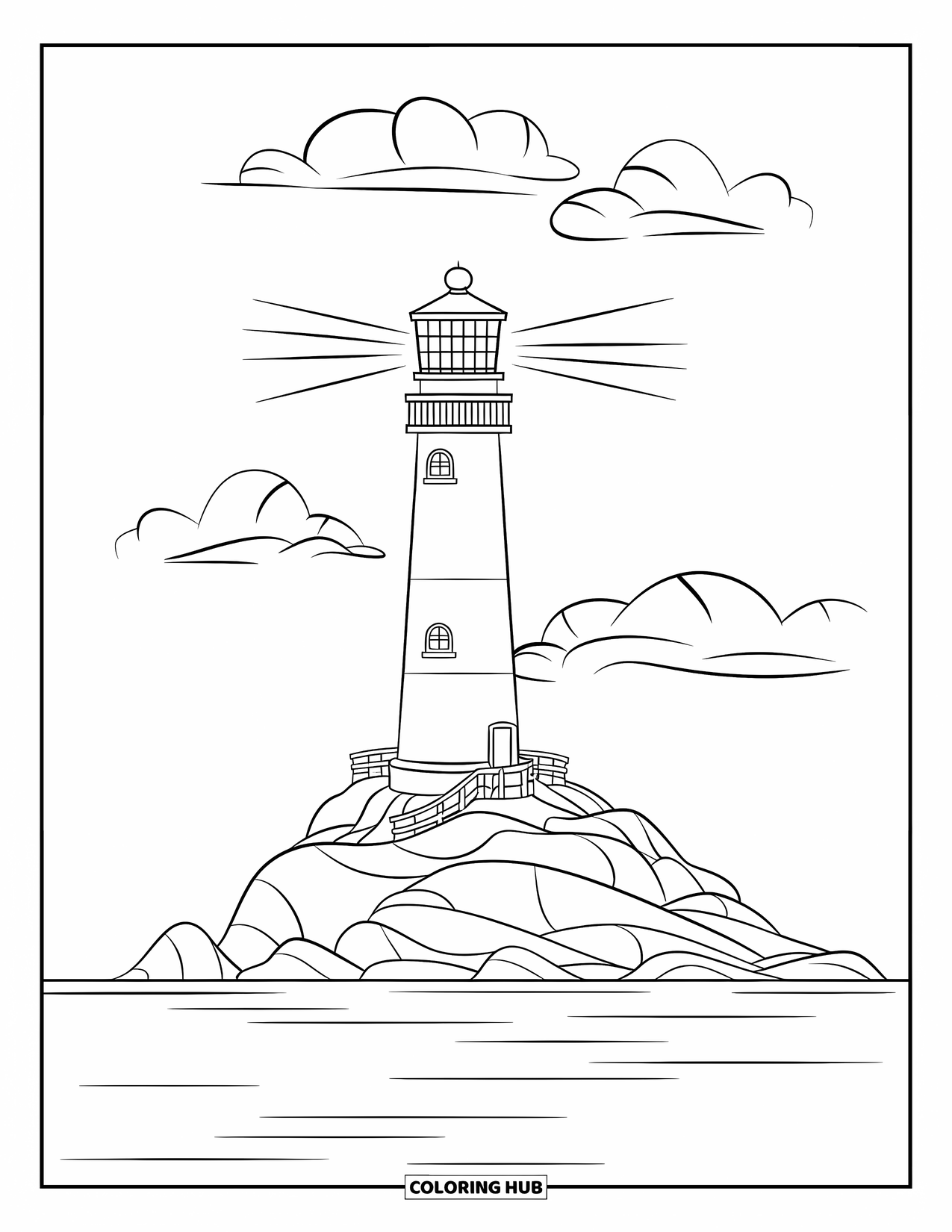Architecture Coloring Page for Kids: A rocky island lighthouse with clouds above and calm water below