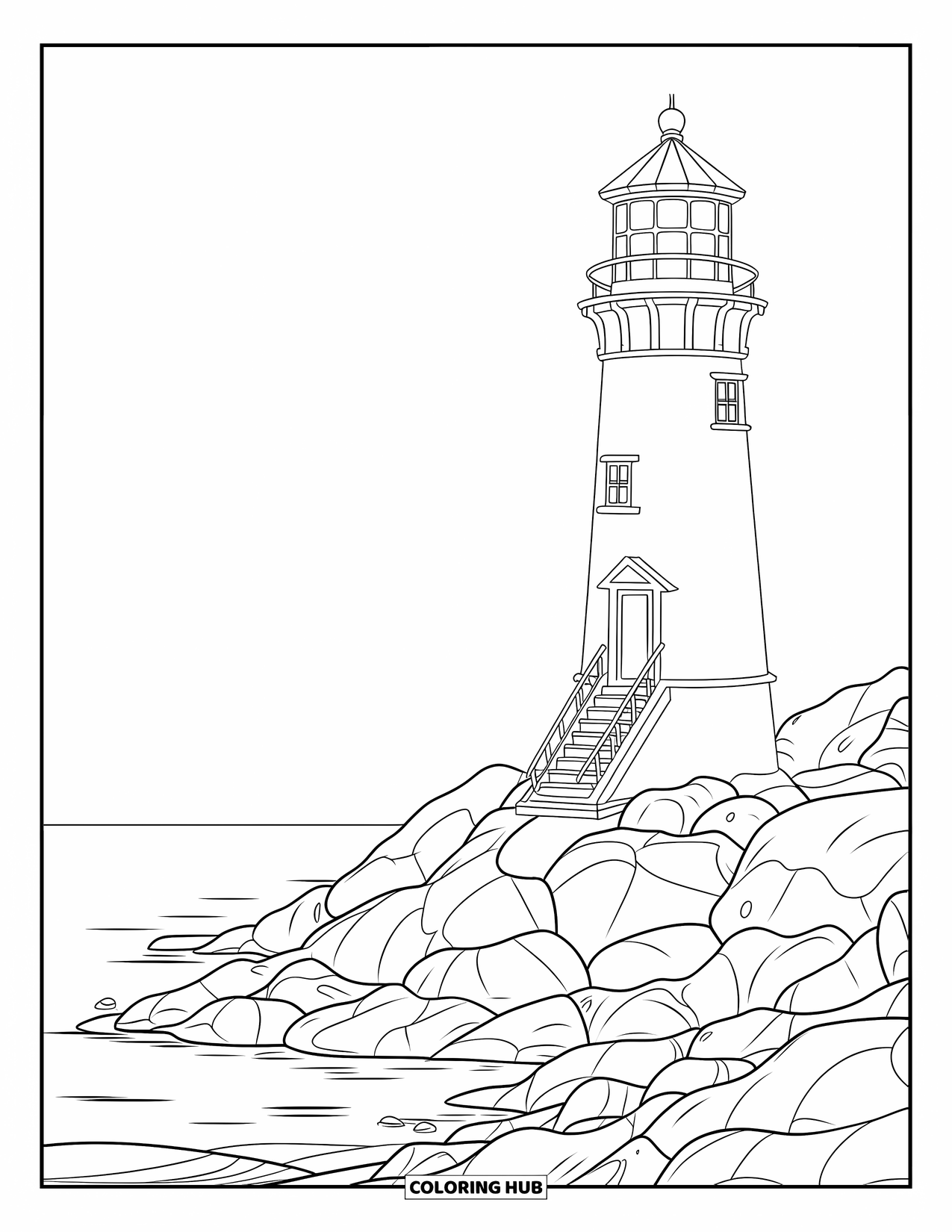 Architecture Coloring Page for Kids: A seaside lighthouse stands tall with boulders beneath and waves beyond