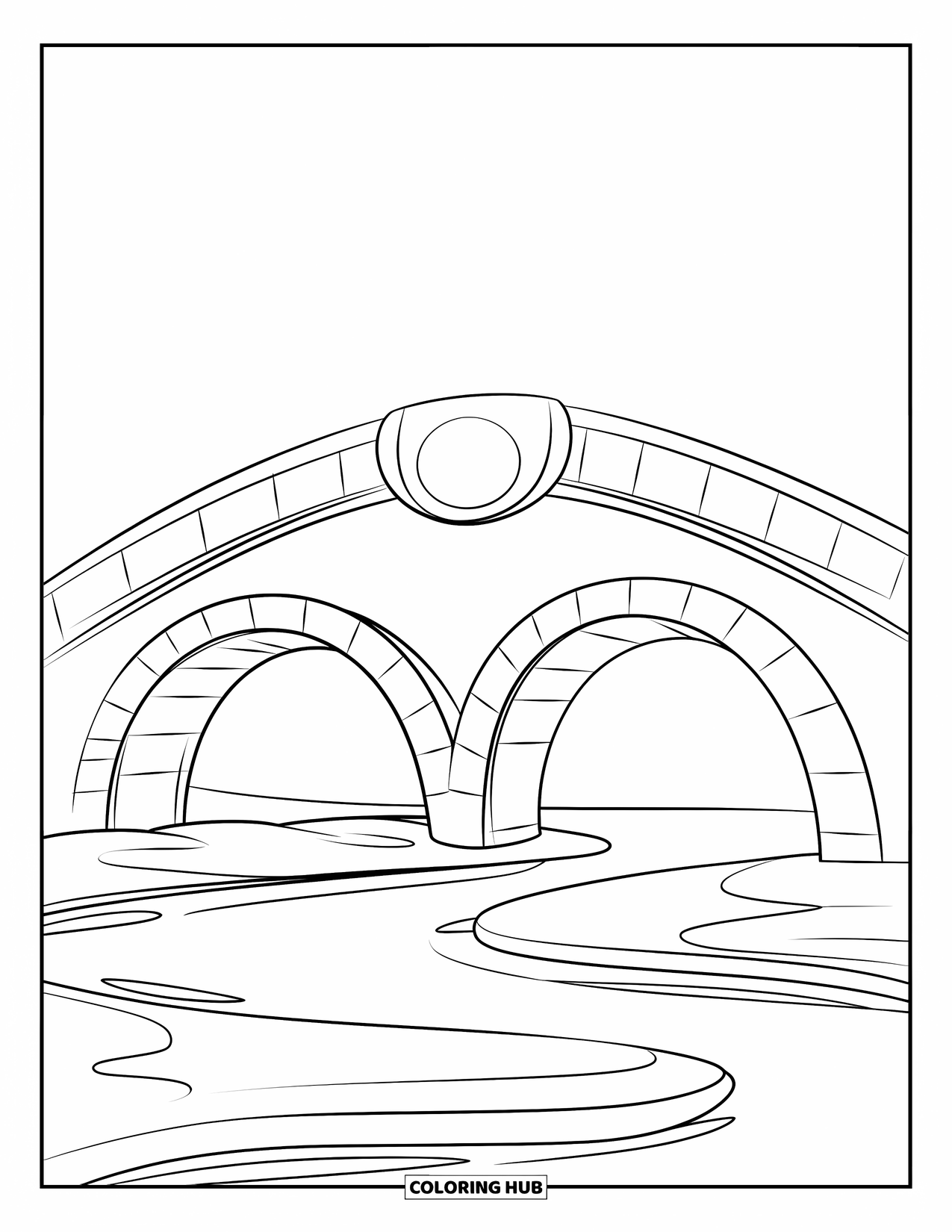 Architecture Coloring Page for Kids: A simple arched bridge spans a calm river in a peaceful setting