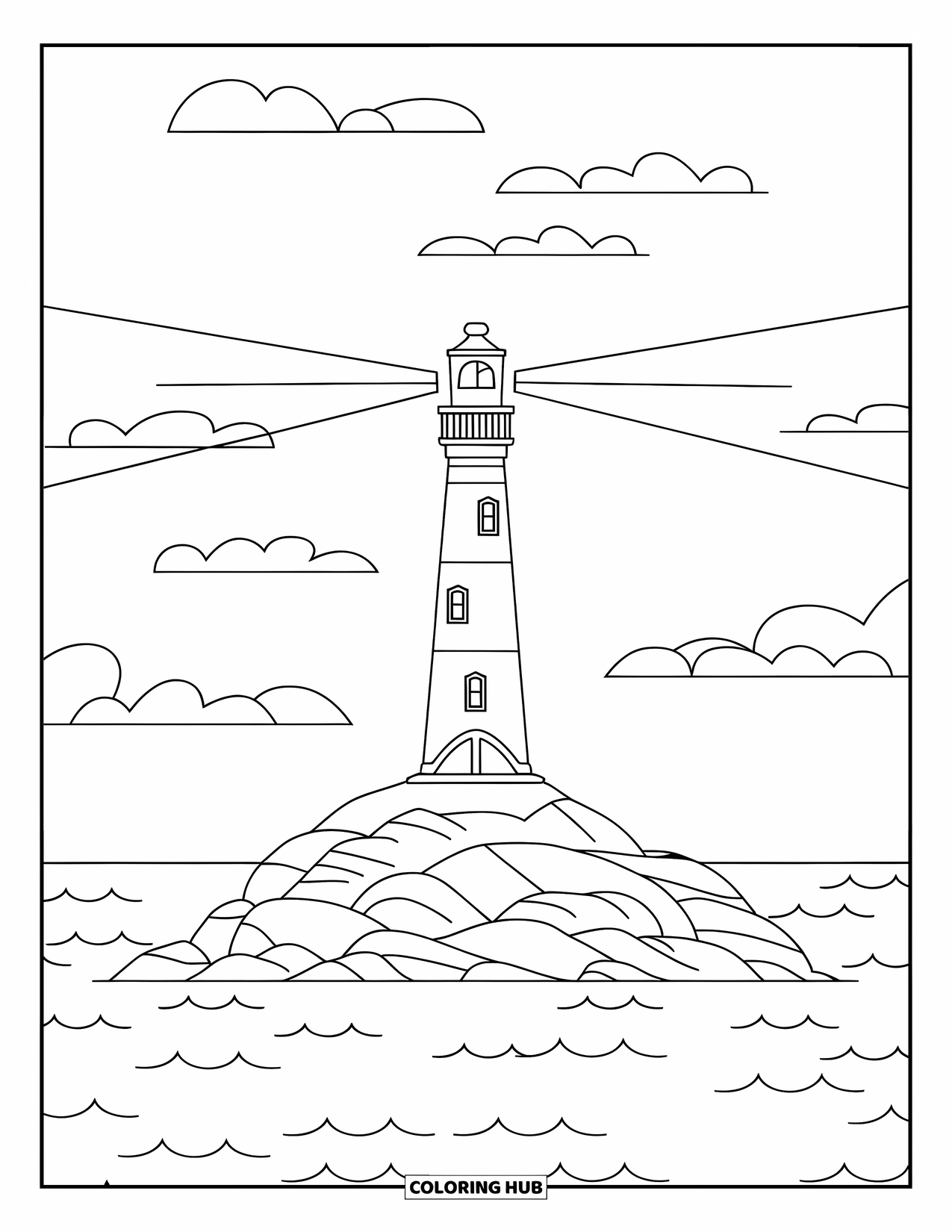 Architecture Coloring Page for Kids: A spiral-topped lighthouse rests on rocks surrounded by peaceful seas