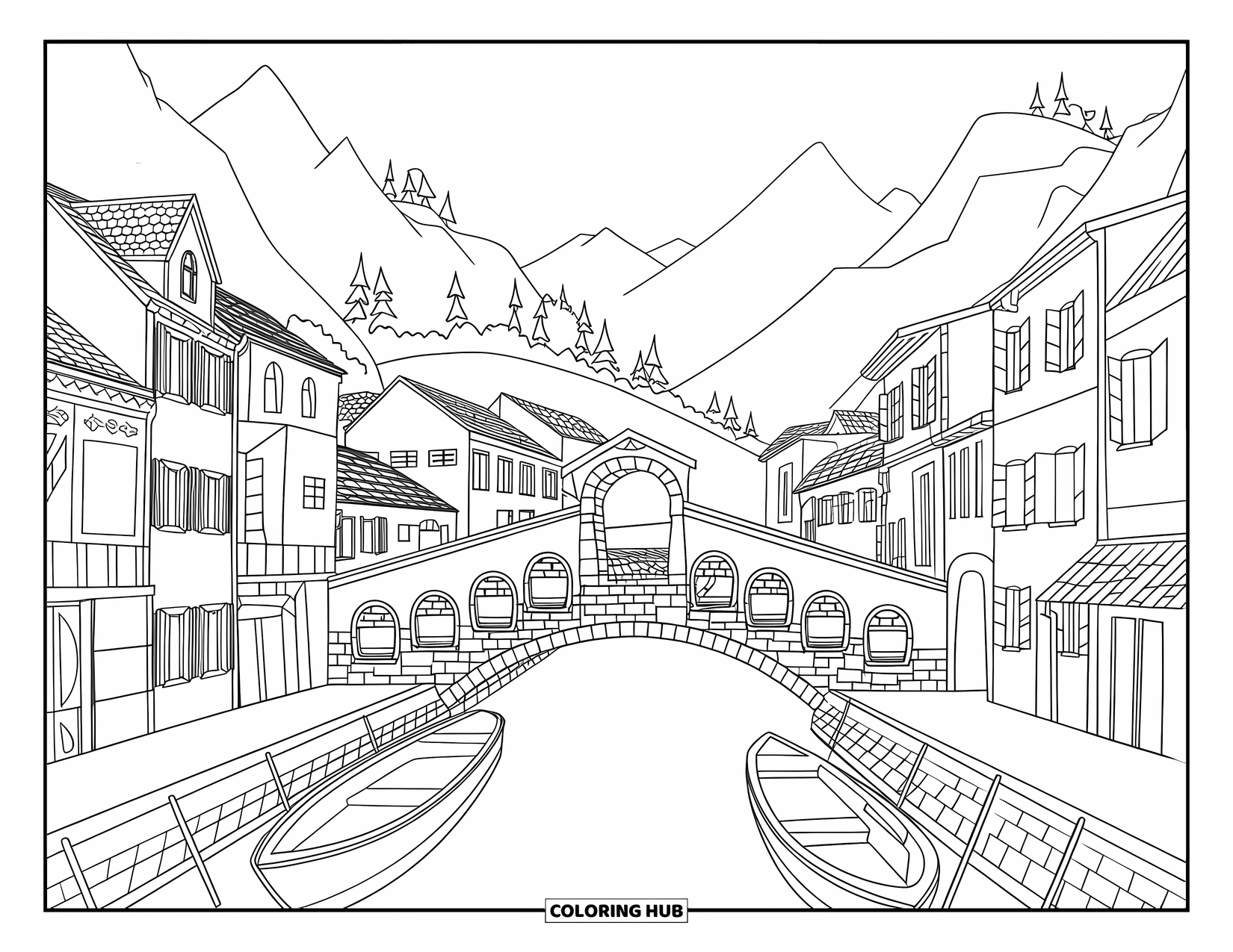 Architecture Coloring Page for Kids: A stone bridge crosses a canal surrounded by sloping-roofed houses and mountains