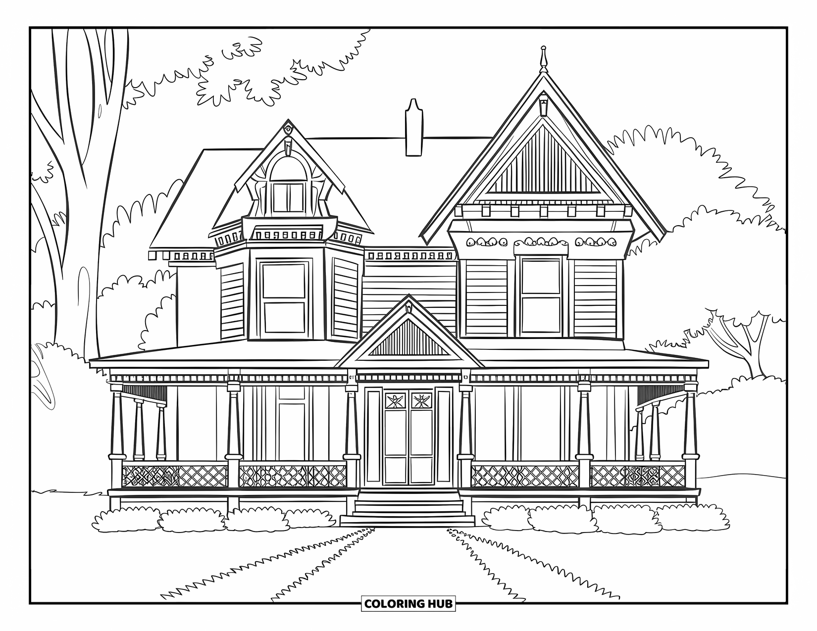 Architecture Coloring Page for Kids: A tall Victorian house with columns and trees along the garden path